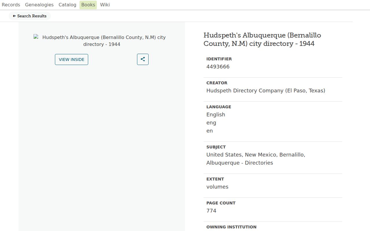 South Valley city directory digitized 1944 Hudspeth collection record