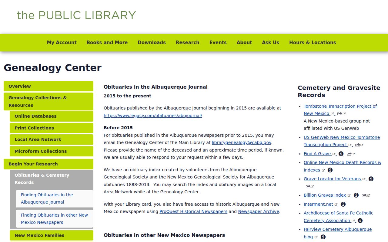 South Valley previous residents Albuquerque Public Library obituary research guide