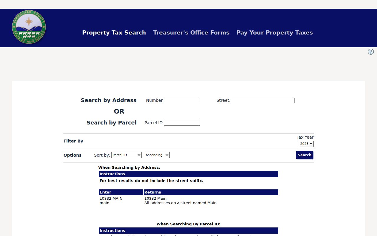 South Valley street directory Bernalillo County Treasurer address and parcel search screen